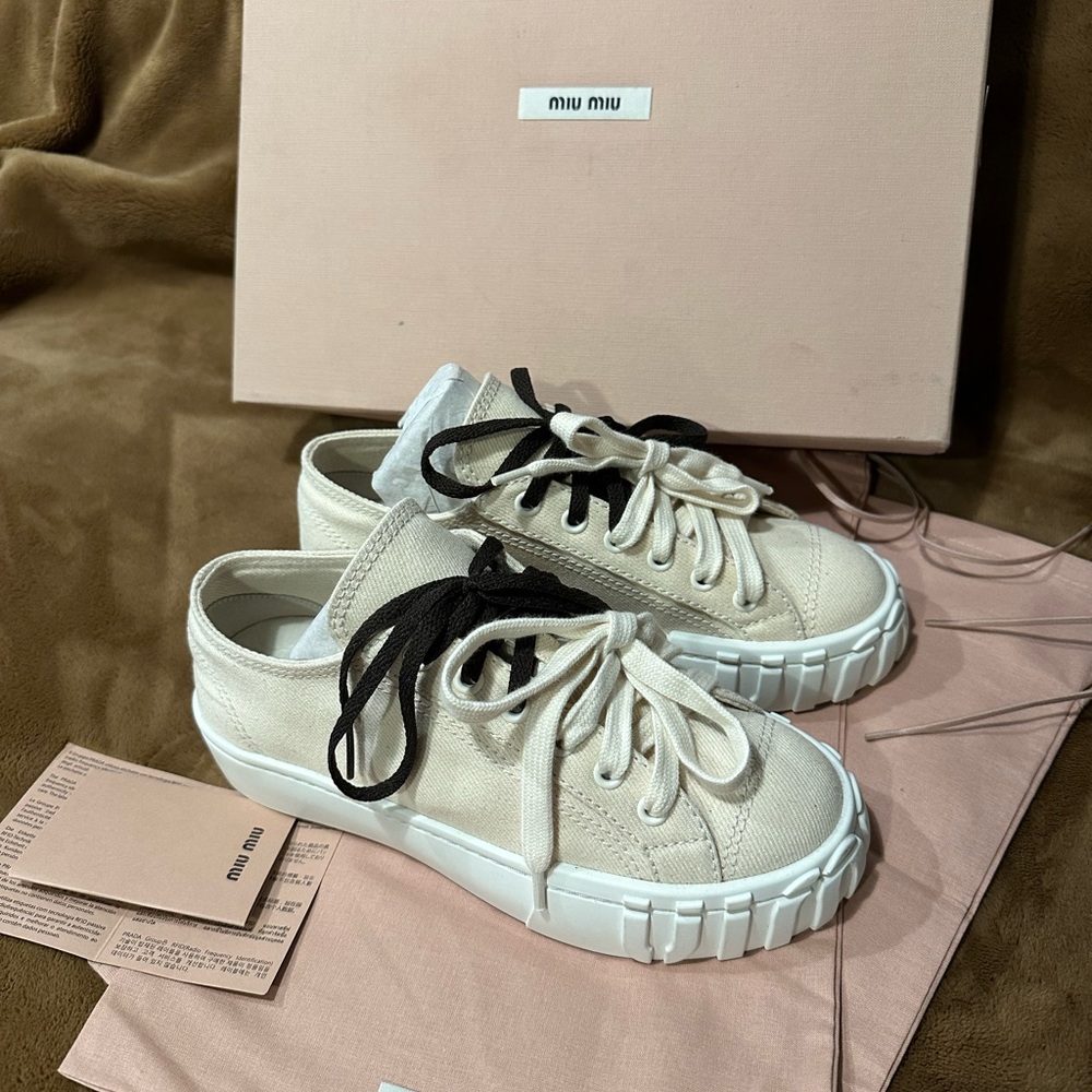 Miu Miu Cream Canvas Sneakers with Brown and White Laces